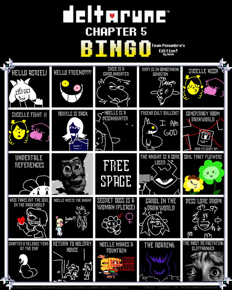 z00mie_w00mie's tweet photo. #deltarune chapter 5 bingo board because i’m a homosexual https://t.co/JKl3dup9DK