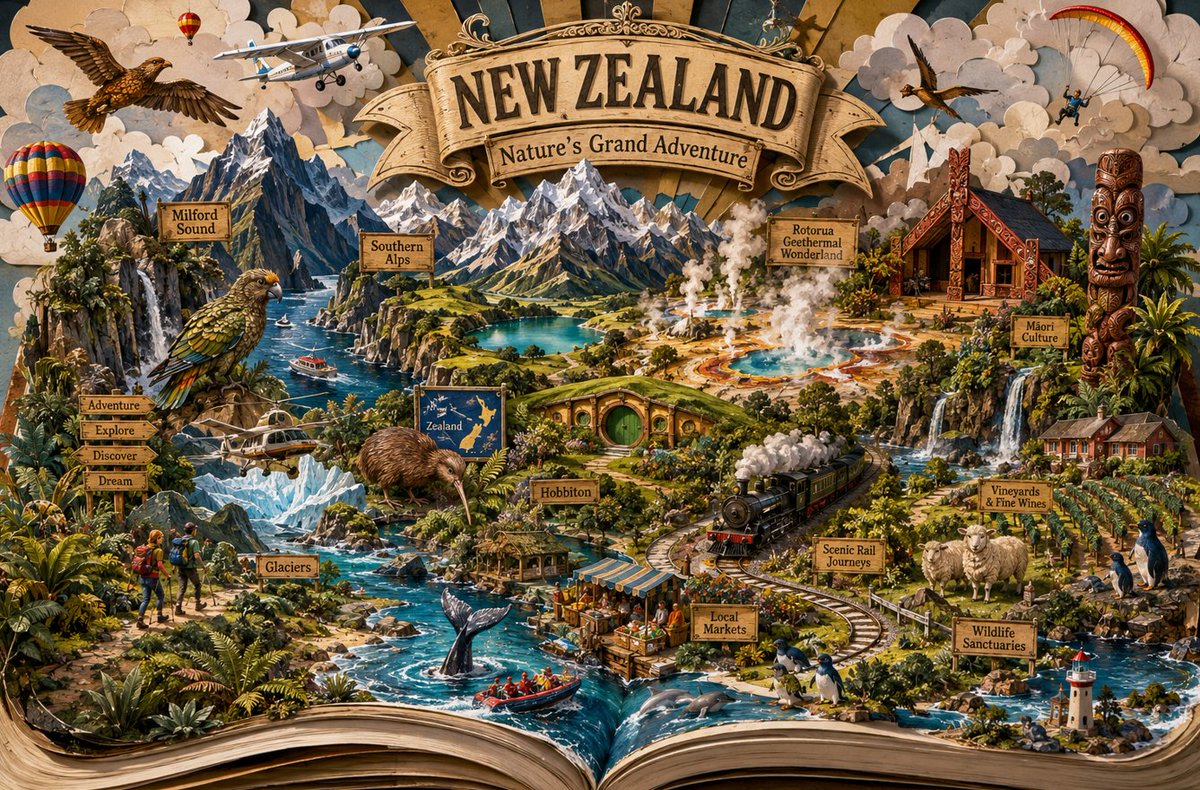 Anishaa_writes's tweet photo. Created some beautiful 3D arts of countries

Prompt 🔽

Create a breathtaking handcrafted 3D pop-up travel illustration of [Destination] emerging from the pages of an antique explorer's journal. The open book transforms into a vibrant miniature world built from layered paper sculptures, intricate papercut landscapes, and engineered pop-up architecture.
A decorative banner rises from the center displaying:
[Destination]
[Tagline]
The scene features iconic landmarks, historic architecture, cultural traditions, scenic landscapes, local transportation, native flora and fauna, bustling markets, cafés, festivals, and tiny travelers exploring the destination.
Everything should appear handcrafted from folded paper, seamlessly growing from the book pages in layered diorama form. Surround the scene with a paper-crafted sky, sculpted clouds, birds, aircraft, floating ornaments, and atmospheric depth.
Include miniature streets, shops, boats, traditional costumes, flowers spilling across the pages, and elegant vintage book details.
Style: luxury papercraft, storybook realism, cinematic travel-poster composition, ultra-realistic paper textures, magical world-building, museum-quality craftsmanship, warm daylight, soft dimensional shadows, rich colors, highly detailed miniature architecture.
Masterpiece, collectible pop-up book, immersive travel diorama, hyper-detailed 3D paper sculpture, editorial illustration, 8K ultra-realistic quality.