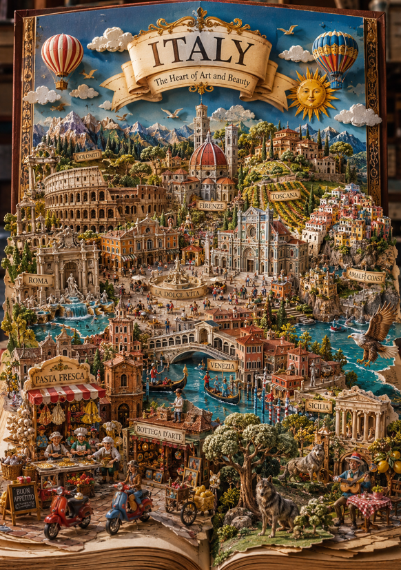 Anishaa_writes's tweet photo. Created some beautiful 3D arts of countries

Prompt 🔽

Create a breathtaking handcrafted 3D pop-up travel illustration of [Destination] emerging from the pages of an antique explorer's journal. The open book transforms into a vibrant miniature world built from layered paper sculptures, intricate papercut landscapes, and engineered pop-up architecture.
A decorative banner rises from the center displaying:
[Destination]
[Tagline]
The scene features iconic landmarks, historic architecture, cultural traditions, scenic landscapes, local transportation, native flora and fauna, bustling markets, cafés, festivals, and tiny travelers exploring the destination.
Everything should appear handcrafted from folded paper, seamlessly growing from the book pages in layered diorama form. Surround the scene with a paper-crafted sky, sculpted clouds, birds, aircraft, floating ornaments, and atmospheric depth.
Include miniature streets, shops, boats, traditional costumes, flowers spilling across the pages, and elegant vintage book details.
Style: luxury papercraft, storybook realism, cinematic travel-poster composition, ultra-realistic paper textures, magical world-building, museum-quality craftsmanship, warm daylight, soft dimensional shadows, rich colors, highly detailed miniature architecture.
Masterpiece, collectible pop-up book, immersive travel diorama, hyper-detailed 3D paper sculpture, editorial illustration, 8K ultra-realistic quality.