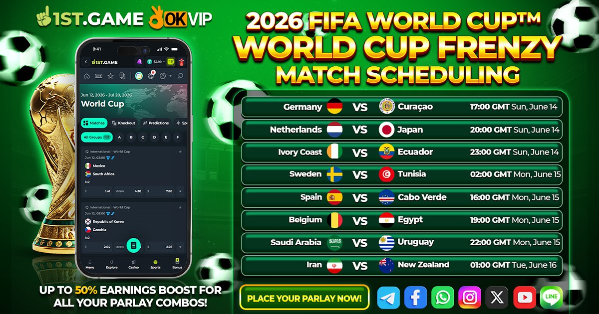 Official1stGame's tweet photo. The road to glory continues in the 2026 FIFA World Cup™ Group Stage! Every match brings new opportunities, intense rivalries, and exciting parlay possibilities. ⚽️🔥 Build your winning selections and take advantage of our World Cup Frenzy Match Scheduling promotions! 💸 https://t.co/3OgcGAvqln