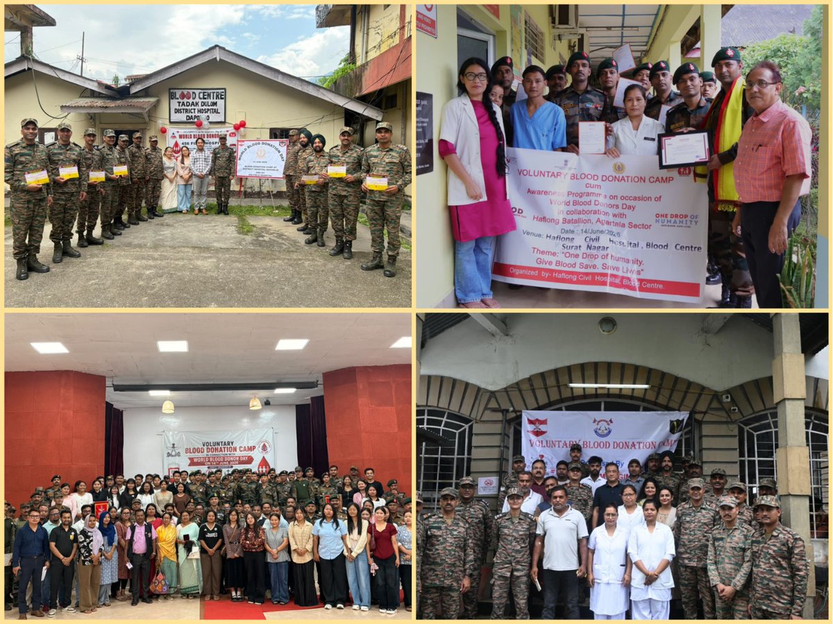 Spearcorps's tweet photo. 𝗖𝗼𝗺𝗺𝗲𝗺𝗼𝗿𝗮𝘁𝗶𝗻𝗴 #𝗪𝗼𝗿𝗹𝗱𝗕𝗹𝗼𝗼𝗱𝗗𝗼𝗻𝗼𝗿𝗗𝗮𝘆

On #WorldBloodDonorDay2026, the spirit of selfless service shone across Northeast India as #AssamRifles and #IndianArmy formations of #SpearCorps together with healthcare partners organised blood donation drives at Haflong, Margherita and Dibrugarh in #Assam, Pallel in #Manipur and Daporijo in #ArunachalPradesh. With numerous voluntary blood donors, including Armed Forces personnel, civilians and medical professionals, these initiatives strengthened critical healthcare support, promoted awareness and reinforced Military-Civil cooperation.
Special outreach efforts, including community health awareness through recording of a special podcast on importance of blood donation by #SpearCorps initiative #RadioHighwayPallel, further amplified the message.

#WorldBloodDonorDay2026 के अवसर पर, निःस्वार्थ सेवा की भावना ने पूर्वोत्तर भारत में अपनी उज्ज्वल छाप छोड़ी। #SpearCorps की #AssamRifles और #IndianArmy  फोर्मशनों ने स्वास्थ्य सेवा साझेदारों के साथ मिलकर #Assam के हाफलोंग, मार्घेरिटा और डिब्रूगढ़ में तथा #Manipur के पल्लेल में और #ArunachalPradesh के दापोरिजो में रक्तदान शिविरों का आयोजन किया। सशस्त्र बलों के सैनिकों, नागरिकों और हेल्थ प्रोफेशनलों समेत अनेक स्वैच्छिक रक्तदाताओं की भागीदारी से इन पहलों ने स्वास्थ्य सेवा सहायता को सुदृढ़ किया, जागरूकता को बढ़ावा दिया और सैन्य-नागरिक सहयोग को और मजबूत किया।
विशेष जनसंपर्क प्रयासों के अंतर्गत, #SpearCorps की पहल #RadioHighwayPallel द्वारा रक्तदान के महत्व पर विशेष पॉडकास्ट की रिकॉर्डिंग के माध्यम से सामुदायिक स्वास्थ्य जागरूकता को भी बढ़ावा दिया गया, जिससे इस संदेश का और व्यापक प्रसार हुआ।

Tune in to Radio Highway and be inspired to become a lifesaver.
📷 Date: 14 June 2026 (Sunday) 📷 Timings: 12:00 PM, 2:00 PM & 6:00 PM
Youtube: https://t.co/Vtj1cG6AyN
Instagram: https://t.co/s9mY6liTXQ...

#WorldBloodDonorDay #DonateBlood #SaveLives #CivilMilitaryFusion #NationFirst #RadioHighwayPallel

@adgpi 
@easterncomd 
@official_dgar 
@prodefgau 
@SpokespersonMoD
@DefenceMinIndia 
@govt_of_manipur 
@LokBhavManipur 
@CMOfficeAssam 
@MyGovArunachal