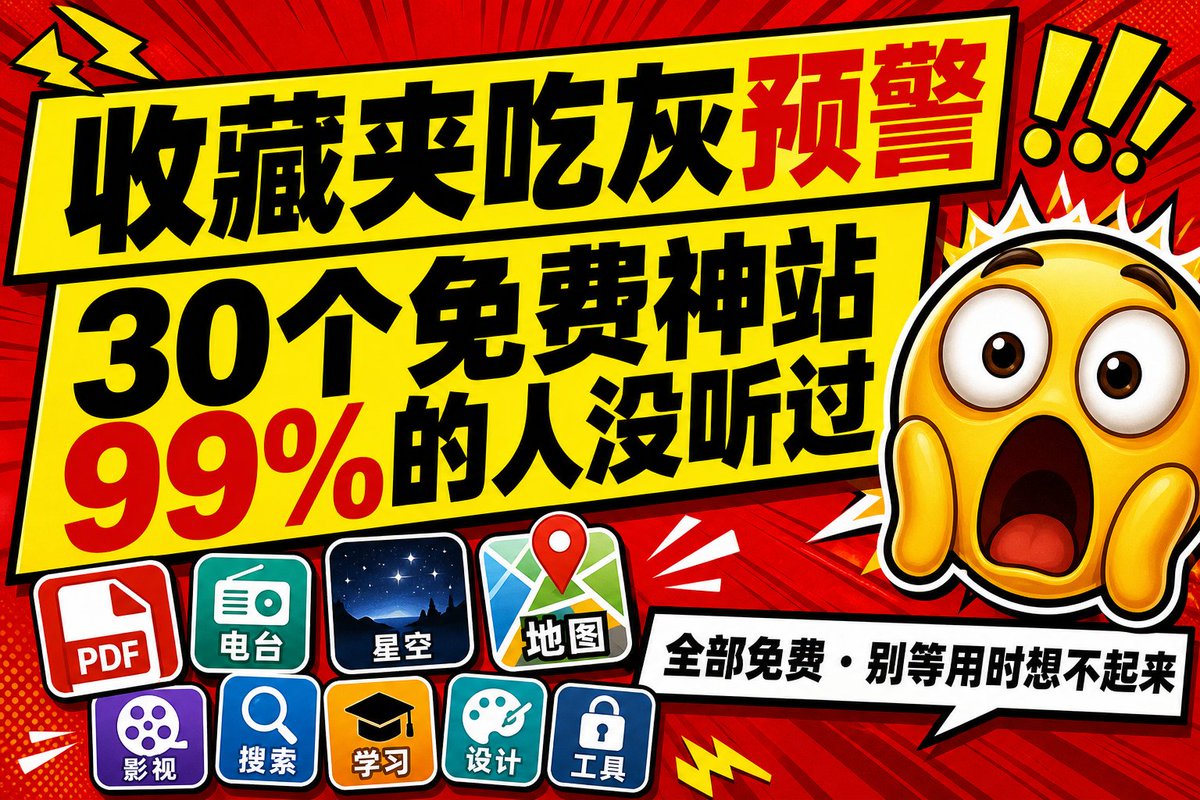 NFTCPS's tweet photo. 收藏夹吃灰预警：这30个免费神站，99%的人压根没听过

说真的，每次刷到那种「年度必备工具」清单，点进去全是大家用烂的玩意儿，看得我直犯困。这次不一样，下面这30个全是免费的，从常春藤的大学课程到能听全球实时电台的怪东西都有。先存着，慢慢用，别等用的时候想不起来。

知识与学习这块，给真想学点东西的人：

1️⃣ Open Culture，1500门免费大学课程加1000部免费电影，还是人工精选的，不是随便堆数量。
🔗 https://t.co/XXIcvh4gMq

2️⃣ Project Gutenberg，7万本经典电子书，全免费、全合法，啥设备啥格式都能读。
🔗 https://t.co/hiPsKcBlYt

3️⃣ The Marginalian，Maria Popova写的随笔，聊生活、艺术和意义，适合安静的时候看。
🔗 https://t.co/EHEUWhbjk7

4️⃣ Atlas Obscura，专门挖全球的冷门奇观和没人讲的历史。
🔗 https://t.co/Jo0ijYEE7n

5️⃣ Read Something Wonderful，互联网上的深度好文精选，质量在线。
🔗 https://t.co/1sX5Jk7dPa

6️⃣ CIA World Factbook，全球各国的实时地理和政治数据，没错，就是CIA那个。
🔗 https://t.co/gki0RWvmxa

实用工具，能帮你省钱省时间的：

7️⃣ TinyWow，200多个免费的PDF、图片、文件处理工具，连登录都不用。
🔗 https://t.co/PCMMdBiEPR

8️⃣ https://t.co/89WSEj0rn3，5秒擦掉照片里任何东西，人、物、文字，说没就没。
🔗 https://t.co/ZJErNNibFQ

9️⃣ Squoosh，Google做的图片压缩工具，直接浏览器里跑，不装软件。
🔗 https://t.co/XuiV0LnOzh

🔟 Downsub，10秒下载任何YouTube视频的字幕。
🔗 https://t.co/WVWFcMG4uM

1️⃣1️⃣ iLovePDF，浏览器里就能合并、拆分、压缩、转换、编辑PDF。光免费版，就够顶掉那些人每月20美元的Adobe Acrobat了。
🔗 https://t.co/ZtGpK1kCqV

1️⃣2️⃣ Hemingway Editor，30秒帮你把啰嗦的文字砍利索。
🔗 https://t.co/RdyIhY818P

探索发现，给好奇心重的人：

1️⃣3️⃣ https://t.co/y3mEAPRcNX，聪明人的Pinterest，研究的人和写东西的人都爱用。
🔗 https://t.co/XkQC0r6Siq

1️⃣4️⃣ Window Swap，随机看一眼世界某个陌生人家窗外的风景，莫名治愈。
🔗 https://t.co/wNS0yN8B4W

1️⃣5️⃣ Stratechery，Ben Thompson写科技和商业分析，每周有免费文章。
🔗 https://t.co/beTsn4jhSy

1️⃣6️⃣ Radio Garden，转动地球仪点绿点，就能听那个地方的实时广播，玩半小时不带停的。
🔗 https://t.co/NMic7ce571

1️⃣7️⃣ Taste Atlas，全球地道美食的实时地图，馋人。
🔗 https://t.co/vSEWNVOumw

1️⃣8️⃣ JustWatch，搜个电影名，它告诉你哪个平台能看，省得到处翻。
🔗 https://t.co/is1HOyaLiQ

趣味这块，纯属上瘾，慎点：

1️⃣9️⃣ https://t.co/W21BLMk230，Infinite Craft、密码游戏，30多个会让你忘记时间的小实验。
🔗 https://t.co/oPVb7IlMSm

2️⃣0️⃣ Stellarium Web，实时看你头顶上每一颗星和行星。
🔗 https://t.co/GpgfakLnfm

2️⃣1️⃣ MapCrunch，一键传送到世界各地随机街景。
🔗 https://t.co/anWDo81PkG

2️⃣2️⃣ Zoom Quilt，永远放不完的无限缩放动画，看着就解压。
🔗 https://t.co/6csZ7FPCyc

2️⃣3️⃣ Universal Paperclips，一个免费小游戏，能吃掉你4个小时，别问我怎么知道的。
🔗 https://t.co/KaXKbkT8wg

2️⃣4️⃣ The Useless Web，一个按钮，带你进各种无限随机的没用网站，纯图一乐。
🔗 https://t.co/GzKaQxC1LR

日常必备，关键时刻能救命：

2️⃣5️⃣ Wayback Machine，任何网站历史上任何时刻长啥样，都能扒出来。
🔗 https://t.co/ModndVOh8u

2️⃣6️⃣ Have I Been Pwned，查你的邮箱密码有没有在数据泄露里被扒光，建议都去查一下。
🔗 https://t.co/HMpv0uXJtX

2️⃣7️⃣ A Soft Murmur，把雨声、雷声、咖啡馆、火声混成你自己的环境音。
🔗 https://t.co/2JBCjRGfX3

2️⃣8️⃣ Internet Archive，3800万本书、歌、电影和软件，全免费全合法。
🔗 https://t.co/dtnUL39K1s

2️⃣9️⃣ FlightAware，实时追全球任何航班，不用注册。
🔗 https://t.co/3jPDb0bGFr

3️⃣0️⃣ Tldraw，苹果、谷歌、微软都在用的手绘风流程图工具。
🔗 https://t.co/MKmFirpyNq

30个全在这了。别光点赞收藏完事，挑两三个真用起来，比你收藏夹里那一堆吃灰的强多了。