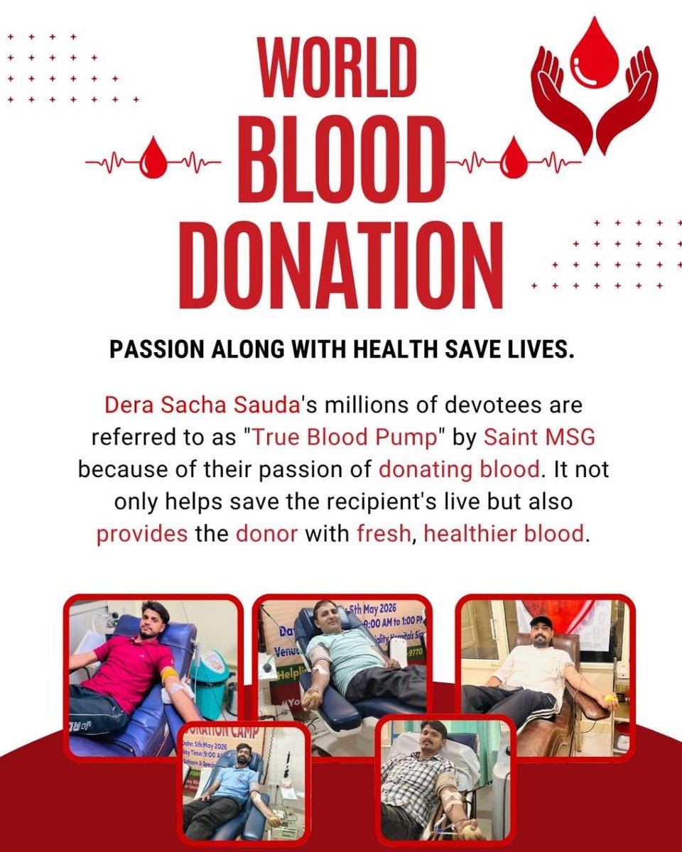 SapraRehmat2570's tweet photo. On #WorldBloodDonorDay  we salute the selfless heroes Dera Sacha Sauda volunteers under the guidance of Saint Gurmeet Ram Rahim Ji Insan who give the gift of life without expecting anything in return. 
#WorldBloodDonorDay2026 https://t.co/wE8mr0mvsy