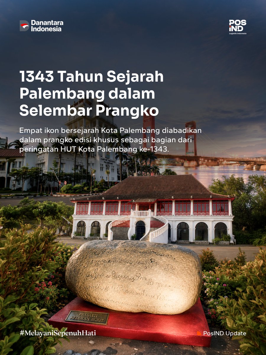 PosIndonesia's tweet photo. 1343 tahun perjalanan Kota Palembang kini diabadikan dalam perangko edisi khusus hasil kolaborasi Pos Indonesia dan Pemerintah Kota Palembang.📷

Edisi terbatas ini siap menjadi koleksi istimewa bagi para pecinta sejarah dan filateli! 📷
#PosIND
#Danantara
#HutPalembang
#Prangko https://t.co/PfBNl1dBkp
