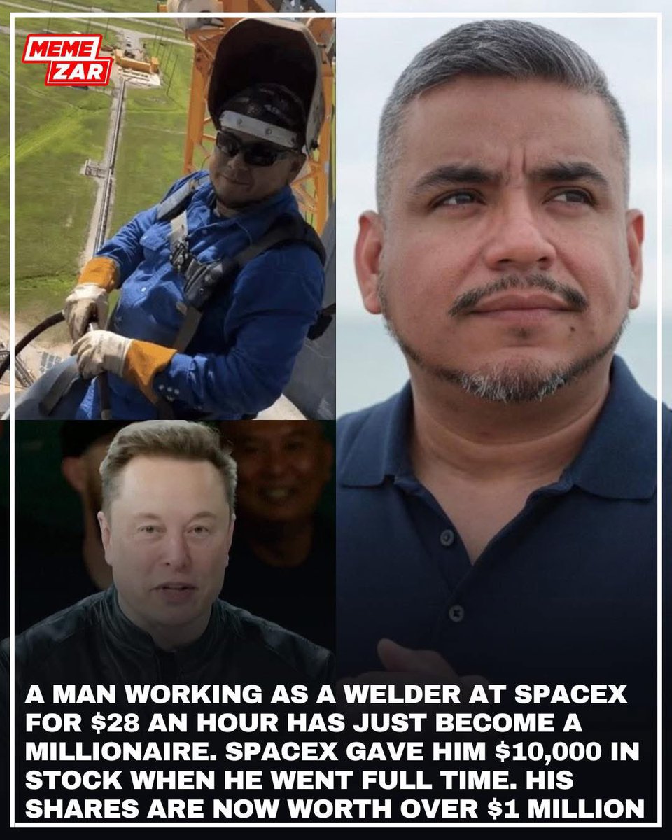 nettermike's tweet photo. A SpaceX welder earning $28 an hour just became a millionaire.

Juan Hernandez came from Mexico and worked as a welder at SpaceX, helping build the rockets that changed the space industry.

When he went full-time in 2015, SpaceX gave him $10,000 in stock.

Most people would have sold. He didn’t. He bought more and more with every paycheck for 10 years. He knew it would pay off. 

Now, with SpaceX stock trading around $167, his shares are worth over $1 million.

A man who helped build the rockets also got to own a piece of the company sending them into space.

That is what real wealth creation looks like