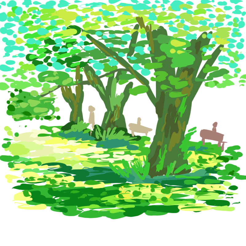 「デビッド・ホックニーに敬意を表して屋外でiPadで絵を描いてみた(@小石川植物園」|ぬまがさワタリのイラスト