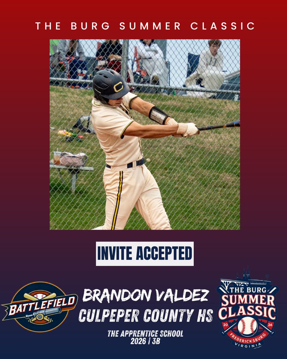 burgsumclassic's tweet photo. Brandon Valdez @Bdez27 (2026) will suit up for the Battlefield in the 2026 Burg Summer Classic on Sunday, June 14th, at 6 PM at Virginia Credit Union Stadium.

@CCHSBaseball540 https://t.co/tmjBiXH96z