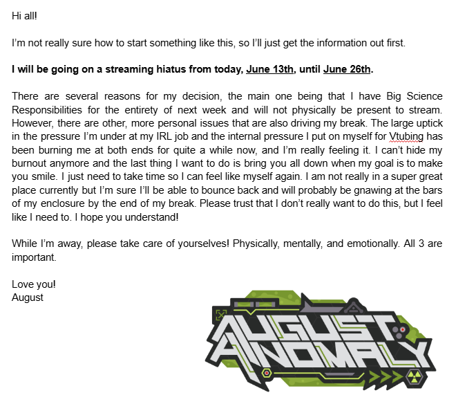 august_anomaly's tweet photo. Short hiatus announcement 💚

TLDR; I will be on hiatus from now until June 26th. https://t.co/IDoUuTwmBQ