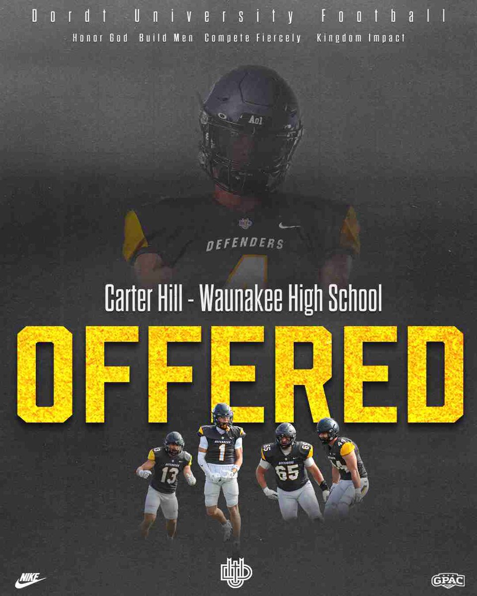 Carter_Hill85's tweet photo. Thank you @BMcCormick08 for inviting me out to the camp and @LeviJungling05 for talking with me and giving me an offer to play football at @DordtFB  @MJ_NFLDraft @WaunakeeFBRecr https://t.co/NeKTBEJkVz