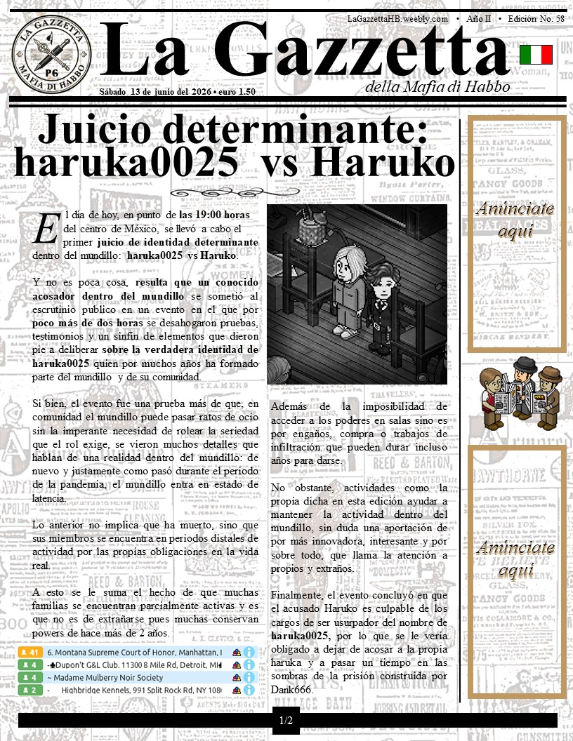 LaGazzettaES's tweet photo. Quincuagésima octava edición (58). La Famiglia Montana presenta: Juicio por la identidad de haruka0025, evento de carácter publico.

Lee todos los detalles en nuestra web: https://t.co/ntyPc6i23f https://t.co/goB8J4PCTj