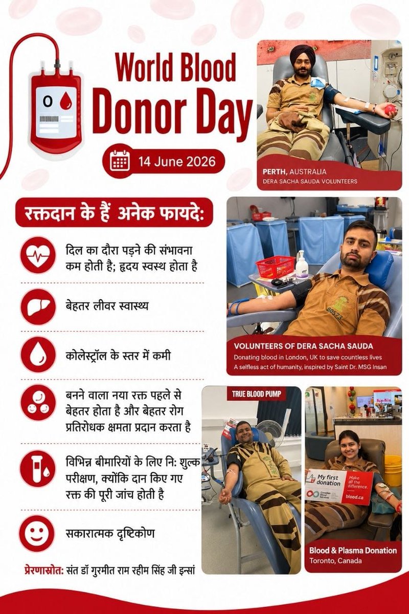 RavinaJang75250's tweet photo. आज 14 जून को  #WorldBloodDonorDay के रूप में मनाया जा रहा हैं। इस दिन लोगों को रक्तदान के प्रति जागरूक किया जाता हैं। Saint Gurmeet Ram Rahim Ji की शिक्षाओं पर चलते हुए डेरा सच्चा सौदा के करोड़ो अनुयाइयों ने रक्तदान करके बहुत लोगों को नया जीवन दिया हैं। #WorldBloodDonorDay2026 https://t.co/pulbuf8JLY