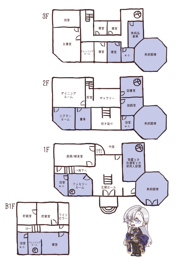 ut_no's tweet photo. @Vesp_TL 
使ってると思われる部屋色分けした。もっとあるべき部屋があるのでは…？って思ったけど、多分ジジが私設美術館にする前は美術館棟にボールルームとか音楽室とか応接室とか書斎とかあったんじゃないですかね…参考は3億で売りに出されてたお城 https://t.co/kgvakIU01s