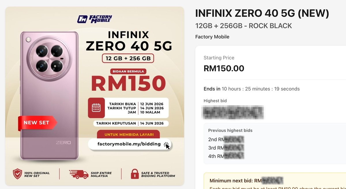 factorymobile's tweet photo. 10 Jam lagi iaitu pukul 10 Malam ni, bidaan akan ditutup.

📅 Bidaan dibuka: 12 Jun 2026
📅 Bidaan ditutup: 14 Jun 2026
⏰ Jam 10 malam

Bida sekarang di: https://t.co/kQP2vctkIr

Siapa bida paling tinggi, dia yang bawa balik barang. https://t.co/YGcAgaA6bW