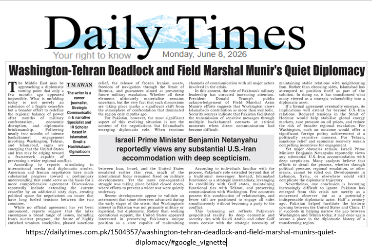 TMAwanOfficial's tweet photo. My Analysis on Iran–US tensions and Pakistan’s role in promoting regional dialogue &amp; stability.

https://t.co/6O0n4NHwEF

Daily Times | 09 June 2026

#PakGlobalPeaceMission #FieldMarshalPeacemaker #PakistanDiplomacy #USIran #Geopolitics https://t.co/kp8SplkLDS