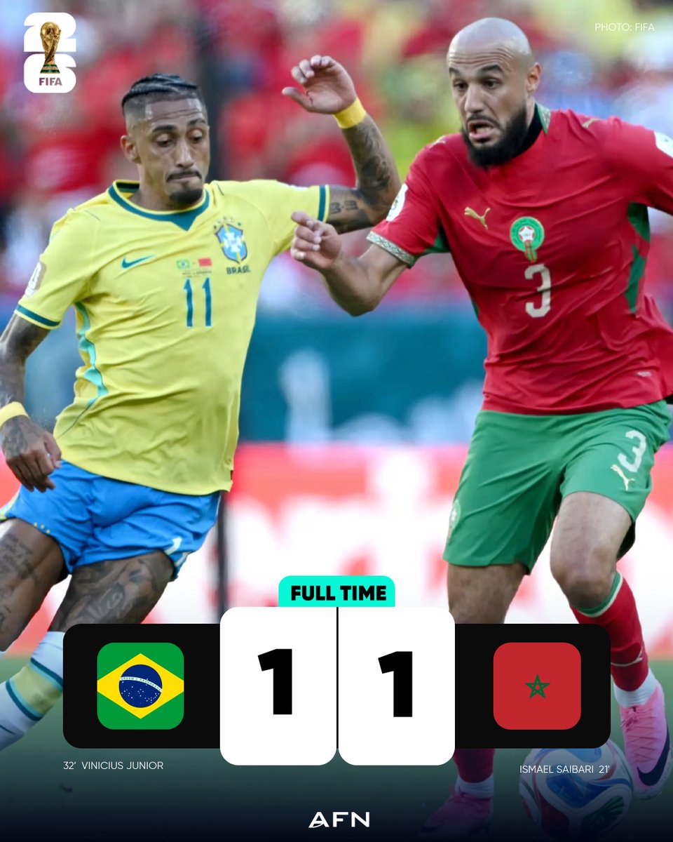 theafndotcom's tweet photo. FT: Brazil 🇧🇷 1️⃣-1️⃣ 🇲🇦 Morocco
⚽️ 🇲🇦 Ismael Saibari 21'
⚽️ 🇧🇷 Vinícius Júnior 32'

FIFA World Cup 2026 | Group C | Matchday 1
-----
#WorldCup2026 #FIFAWorldCup #AFN #USAvPAR https://t.co/OUimaLtWex