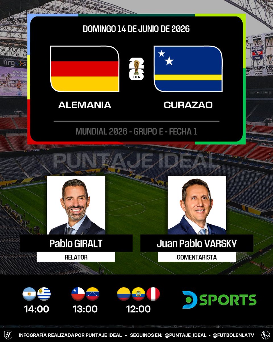 Puntaje_Ideal's tweet photo. ⚽️ #Mundial2026 | 🇩🇪 #Alemania vs. #Curazao 🇨🇼
🎙️ Relator: @giraltpablo 
🎙️ Comentarista: Juan Pablo Varsky
📺 @DSports Sudamérica
🤳 #MundialEnDSPORTS - @DGO_Latam
Dale RT 🔃 https://t.co/SMiRSOEjjU