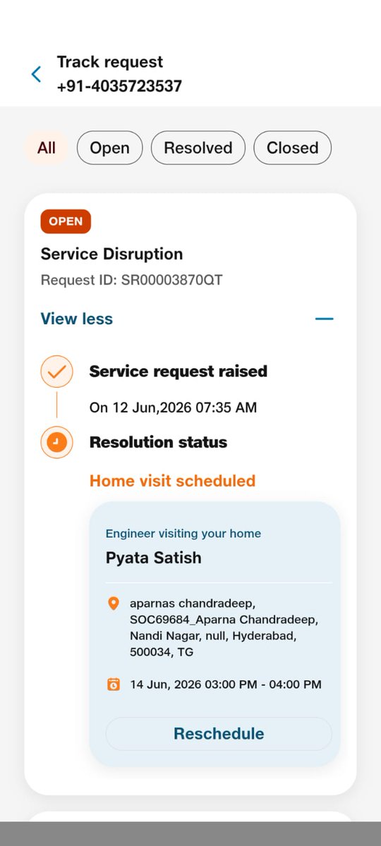 NishitMathur's tweet photo. @reliancejio I've raised 13 service requests since Jan, with each requests taking 3 days to resolve with atleast 3 reschedules. The current open for 7 days, a new record for @JioCare. 30+ days of internet lost for a prepaid annual pack. Sharing details of all 13 in 2 posts. https://t.co/9nSjN5Z4Oz