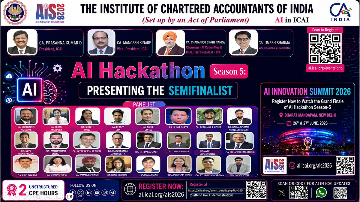 CJSNanda's tweet photo. 🏆AI Hackathon Season 5 Enters Its Grand Finale at AIS 2026!🚀
Witness India’s brightest AI minds compete live. Join 3,500+delegates, 50+speakers &amp; leading AI innovators shaping the future.
📅 26–27 June 2026
📍Bharat Mandapam, New Delhi
⏰ Registrations Close Today!
#AIHackathon https://t.co/F1szTJUDyT