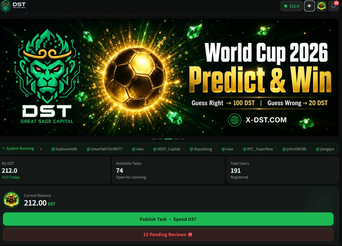 XDST_Capital's tweet photo. 🔥 The DST platform World Cup 2026 football prediction contest is now in full swing!
Rules are super easy:
⚽ Guess the match result correctly → get 100 $DST as reward
⚽ Even if you don't get it right → you can still claim 20 $DST participation reward
Head over to 
👉 Official website  right now to join the event and grab your DST rewards! 🎉
#DST #WorldCup2026 #PredictToEarn