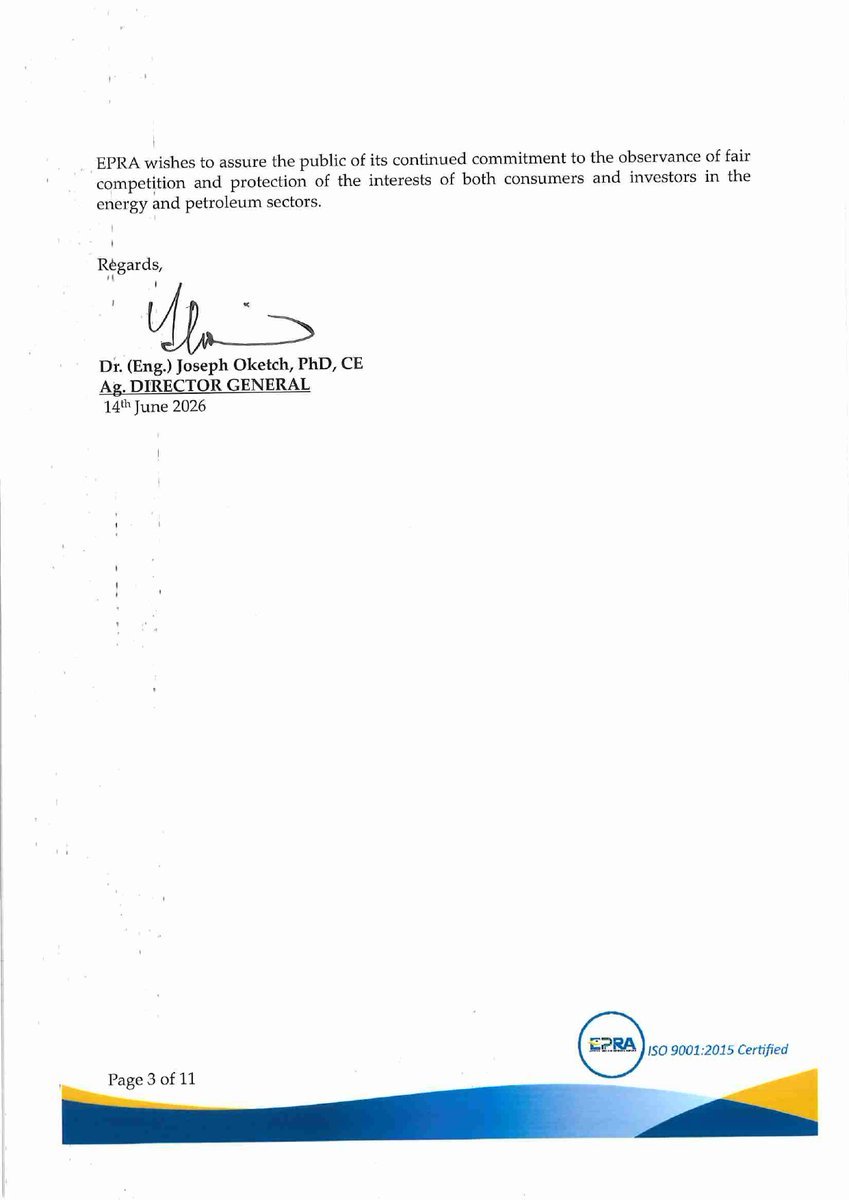 Fadhili57345470's tweet photo. In accordance with Section 101(y) of the Petroleum Act 2019 and Legal Notice No.192 of 2022, has calculated the maximum retail prices of petroleum products which will be in force from 15th June 2026 to 14th July 2026.

In the period under review, the maximum allowed petroleum pump prices for Super Petrol and Diesel decreases by KShs.0.22/litre and KShs.10.00/litre respectively while the price of Kerosene remains unchanged.

In Nairobi, Super Petrol, Diesel and Kerosene now retail at Kshs.214.03, Kshs.222.86 and Kshs.191.38 effective midnight for the next 30 days.