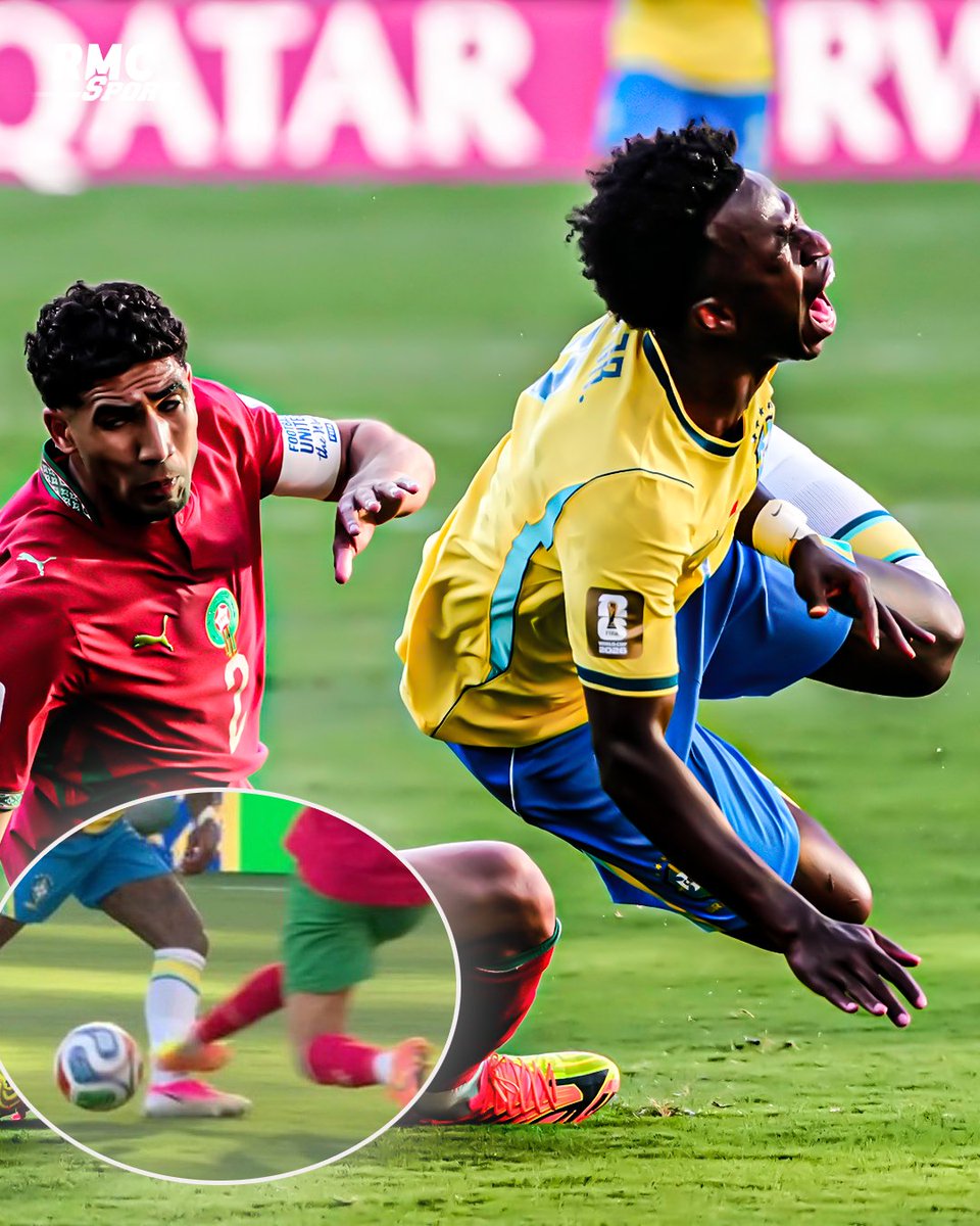 RMCsport's tweet photo. 😮Le capitaine marocain Achraf Hakimi a été l’auteur d’une violente semelle sur Vinicius à la fin de la première période du match face Brésil-Maroc (1-1). Un geste dangereux non sanctionné par un carton par l'arbitre...

https://t.co/duc72XuAiS https://t.co/EHIZqRZNcq