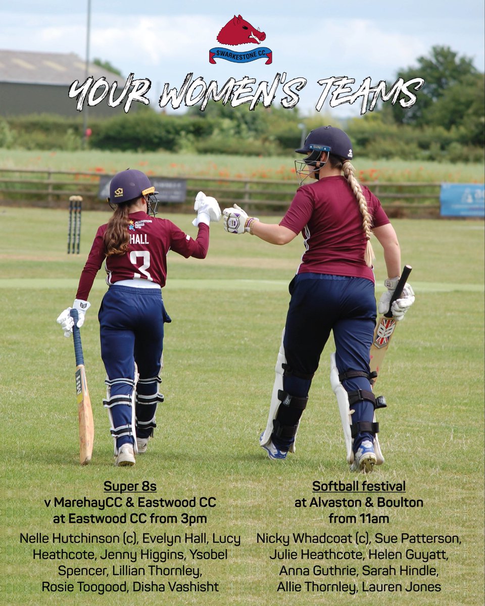 SwarkestoneCC's tweet photo. A packed day of cricket for our women’s squads 👊🏻

Our Super 8s head to Eastwood CC this afternoon to take on Marehay (3pm) and the host club (5pm) 💪🏻

And our softball team play four games at Alvaston &amp; Boulton from 11am 🏏

Here’s your #SwarkyBoars🐗 sides https://t.co/dCAKdiIAgQ