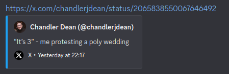 chernoffbound's tweet photo. @chandlerjdean This is what happens if I share this tweet on Discord https://t.co/3hxgp5yRL9