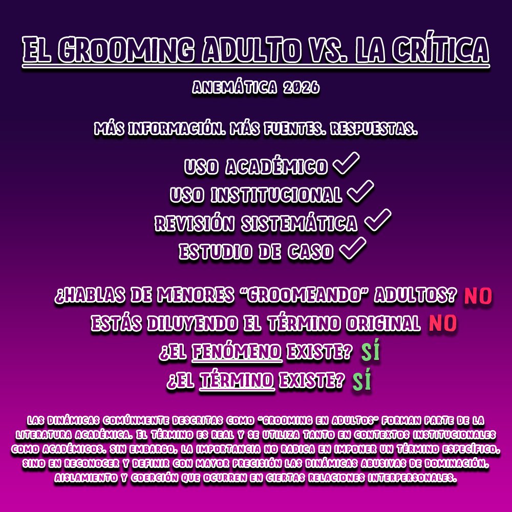 Anematica's tweet photo. ‼️POR FAVOR DIFUNDIR‼️
(rws: grooming adulto, artistas, creadores, fandom, relaciones a distancia, queer, gay, acoso, funas)

Hola.

En esta ocasión quiero compartir el ensayo en el que he estado trabajando tras revisar las críticas que emergieron de mi primer vídeo sobre el Grooming Adulto que originalmente subí a YouTube el 6 de junio del presente año.

Me gustaría que le echaran un primer vistazo a lo que he escrito y me puedan hacer saber sus opiniones, dudas, posibles correcciones, etc. Próximamente, este ensayo tendrá su propio vídeo que servirá para expandir y nutrir el anterior.

Agradecería que antes de opinar sobre este tema tan delicado, se leyeran de forma seria este ensayo.

Importante: A pesar de que el término "Grooming Adulto" es real y es usado académicamente, es bueno recordar que lo más fundamental sobre este tema no es imponer una etiqueta, sino generar conciencia sobre el fenómeno que esta intenta describir.

https://t.co/v0qAi9Utp4