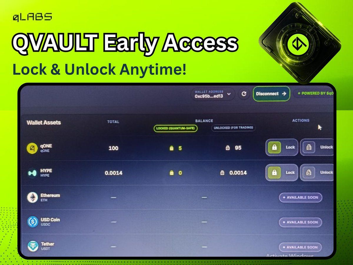 EsongSamir's tweet photo. qVAULT: Your Personal Quantum-Safe Self-Custody

This is the star right now, EARLY ACCESS is open and it’s incredibly simple.

What it does:
Moves your assets (starting with $HYPE and $qONE) into a post-quantum self-custody smart contract vault signed with Falcon (FN-DSA)...👇 https://t.co/g263uLh5Hd