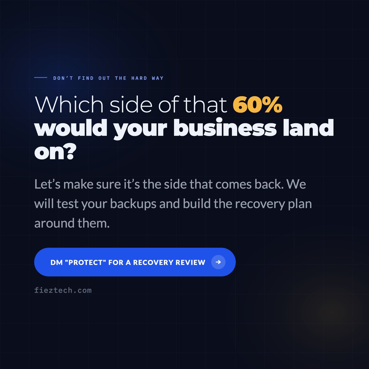 fieztech's tweet photo. Around 60% of small businesses close within six months of losing critical data.

It is rarely a dramatic hack. A failed drive. A wrong click. A backup nobody tested.

The survivors were not lucky. They tested backups and had a plan, before anything broke.

#DisasterRecovery https://t.co/9gYzAgMSYY