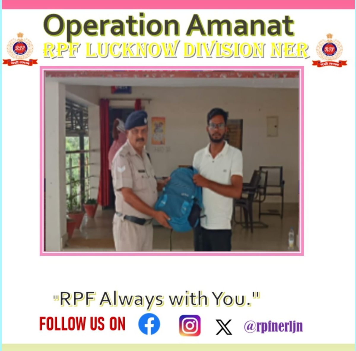 rpfnerljn's tweet photo. 🎒 #OperationAmanat

"Alertness and honesty ensure safe journeys."

RPF recovered an unclaimed sky-blue bag from Train No. 15003 and safely returned it to the rightful passenger at Gorakhpur Cantt.

Passenger appreciated RPF’s prompt assistance.

@RPF_INDIA @rpfner
#RPFIndia https://t.co/lybAkxusAQ