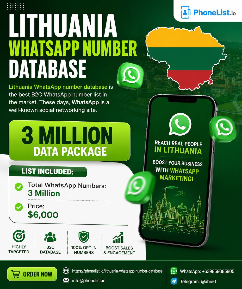 phonelist54304's tweet photo. #Lithuania WhatsApp Number Database
Lithuania WhatsApp number database is the best B2C WhatsApp number list in the market. These days, WhatsApp is a well-known social networking site. 
#Buy Lithuania 
https://t.co/mDPR98RzWC
info@phonelist.io
#WhatsApp #Number #Database https://t.co/WEznrb1Ox2