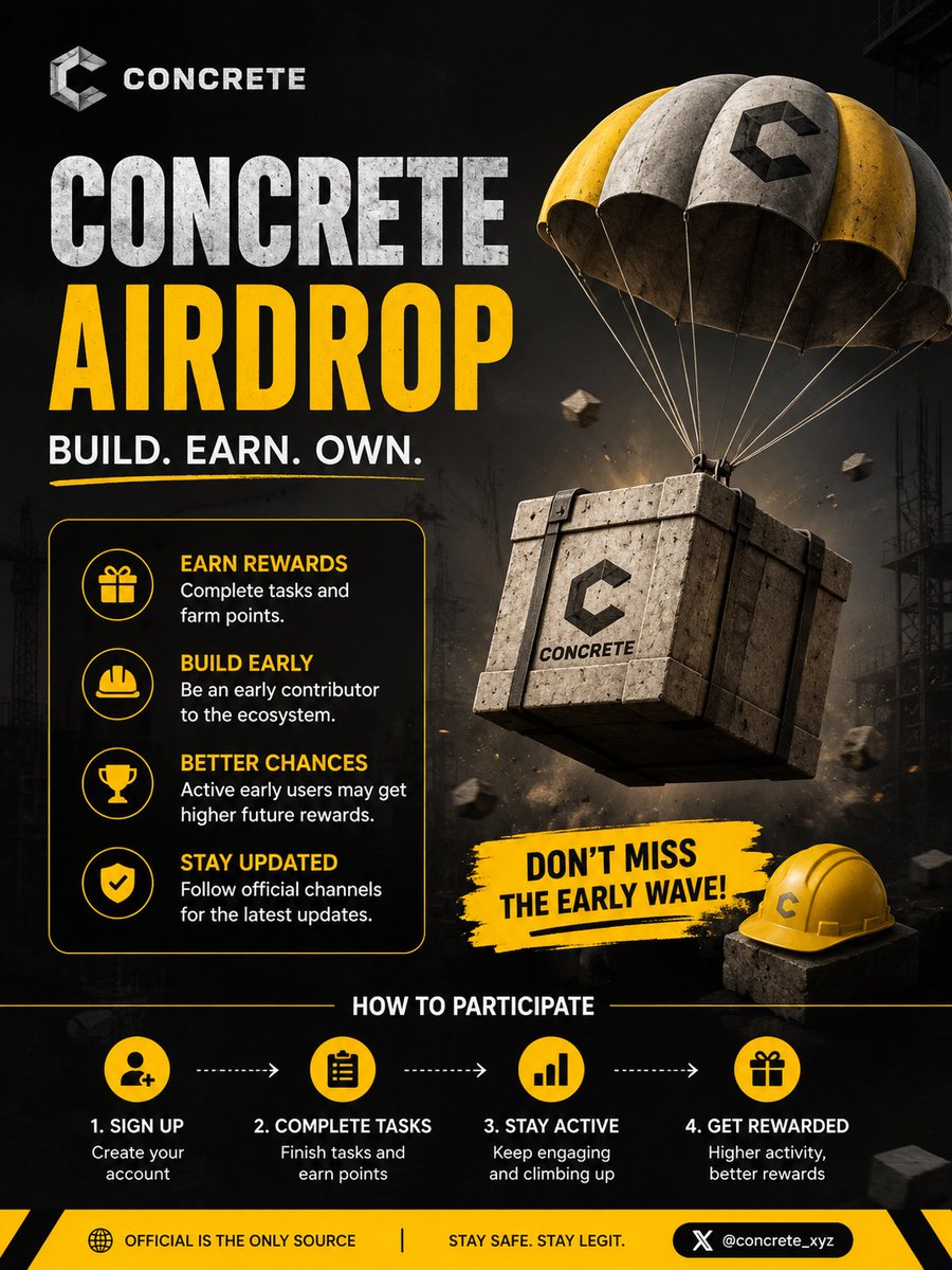 DropSignalss's tweet photo. Concrete Airdrop is going viral right now @ConcreteXYZ
Early users farming rewards building ecosystem If active early might get better chance future drops
Stay consistent complete tasks, and keep an eye on official updates
Don’t miss the early wave https://t.co/Iru2k24alU