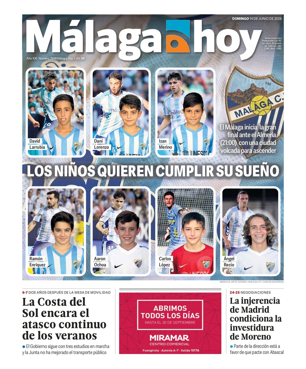 malagahoy_es's tweet photo. ¡Buenos días! Aquí tenéis la portada de @malagahoy_es de este  14 de junio de 2026 #Felizdomingo #Málaga https://t.co/1wyZ3uqWCT https://t.co/xtzjsT60QK