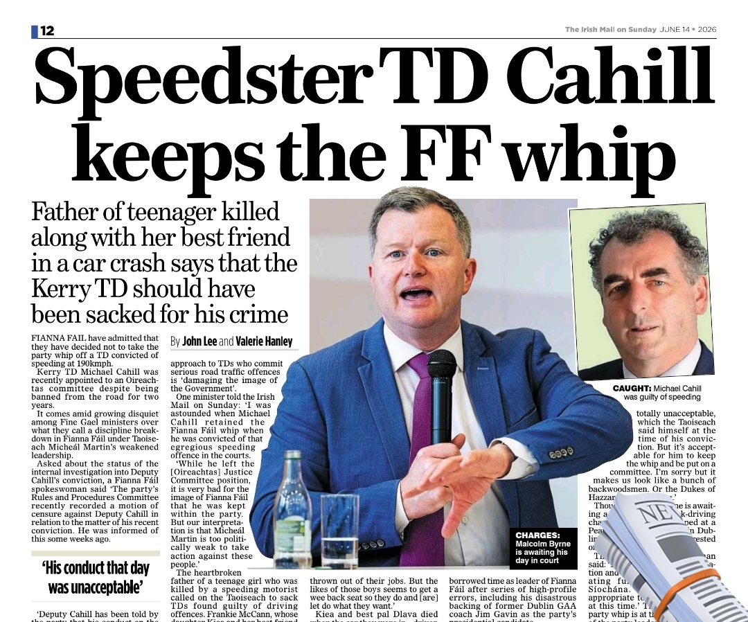 caulmick's tweet photo. FIANNA FAIL have admitted that they have decided not to take the party whip off a TD convicted of speeding at 190kmph

Kerry TD Michael Cahill was recently appointed to an Oireachtas committee despite being banned from the road for two years.

In a separate incident Wexford-Wicklow TD Malcolm Bvrne was arrested for drink driving two weeks ago.

But both Mr Byrne and Mr Cahill retain the party whip.

#HowIrelandWorks #FiannaFail #MichéalMartin #MalcolmByrne #MichaelCahill