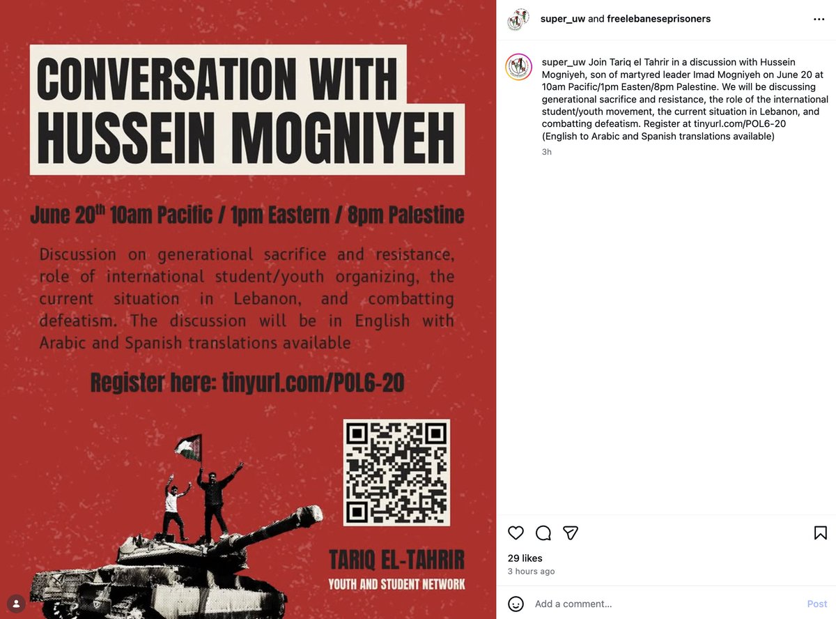 thehoffather's tweet photo. NEW: Hamasnicks who caused over $1 million in damage to @UW and got off with a slap on the wrist are now promoting an event with Hussein Mughniyeh, son of former Hezbollah terror chief Imad Mughniyeh who was the architect behind suicide bombings, murders, and kidnappings, including the 1983 Beirut barracks bombing, the 1983 US Embassy bombing in Beirut & the 1992 Israeli Embassy bombing in Buenos Aires.

The event is being organized by Tariq El-Tahrir Youth & Student Network, the youth branch of Masar Badil, which has ties to the PFLP terrorist organization. It is led by Khaled Barakat, who was sanctioned by the US in October 2024 for his ties to the PFLP.