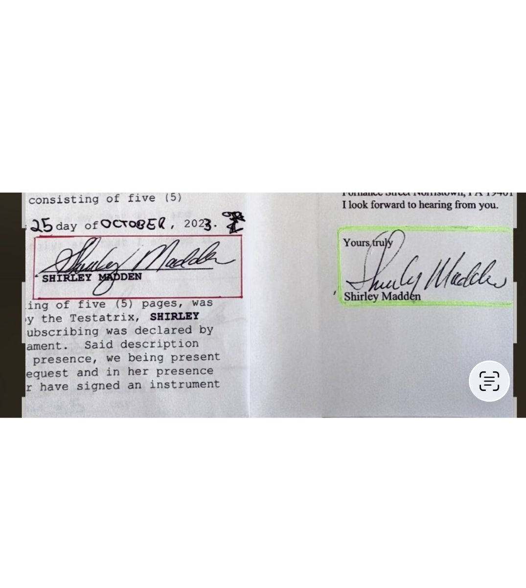 mainer_4ever's tweet photo. @AG_colindonald @colinmcd 

The signature in the will left side Fraudulent.
The correct signature is in the green box. I found one of her employees letter with her signature. Notice the inconsistency, a receptionist for 20 years. She would never accept that sloppy signature. https://t.co/Vi785TXbQd