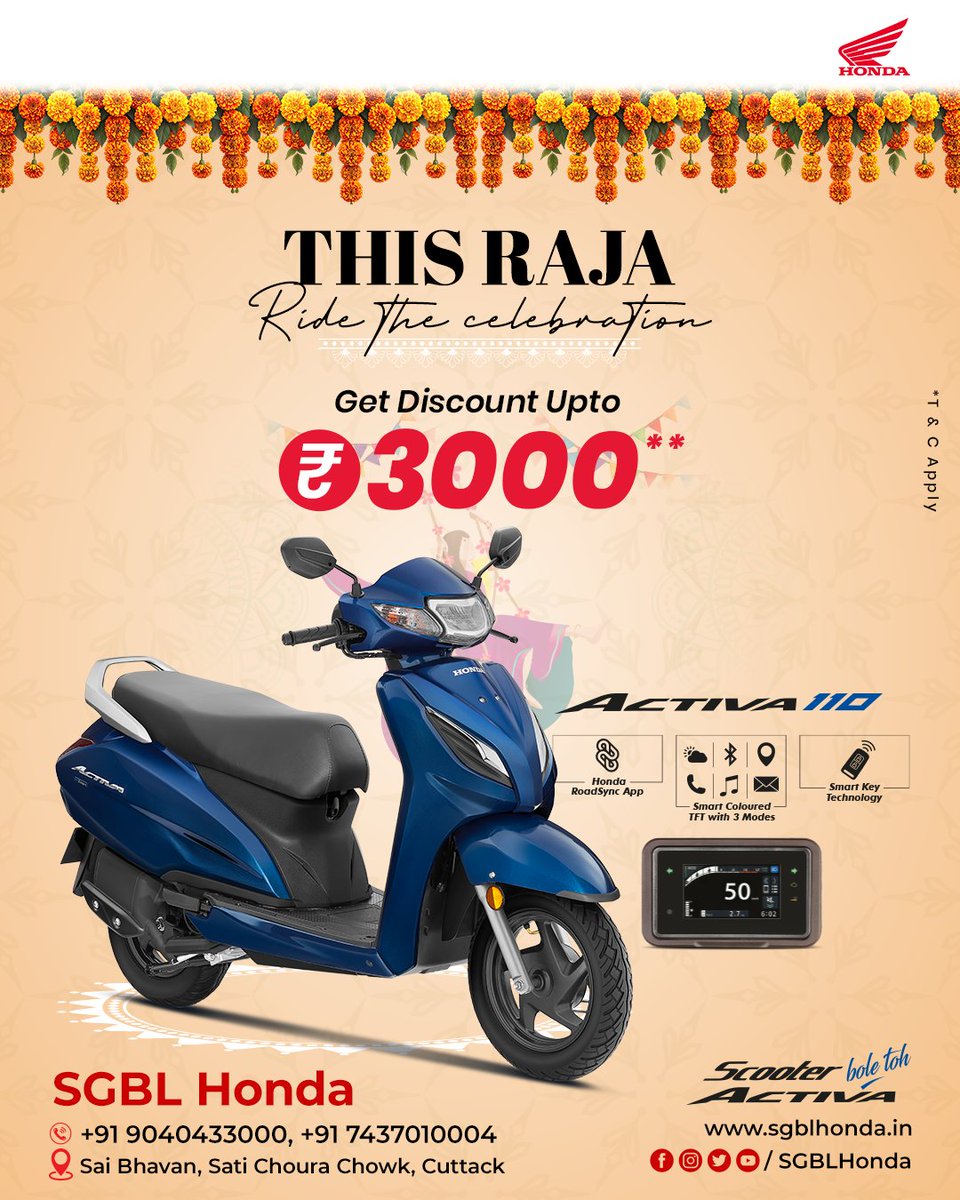 SgblH's tweet photo. This Raja, ride the celebrations your way! Visit SGBL Honda today &amp; bring home your favorite ride!
📍Sai Bhavan, Sati Choura Chowk, Cuttack
📞9040433000 | 7437010004
https://t.co/m8EoGlsucW
#Honda #SGBLHonda #Honda2Wheelers #ThePowerOfDreams #RajaParba #RajaOffers #cuttack https://t.co/nGy10RqJA8