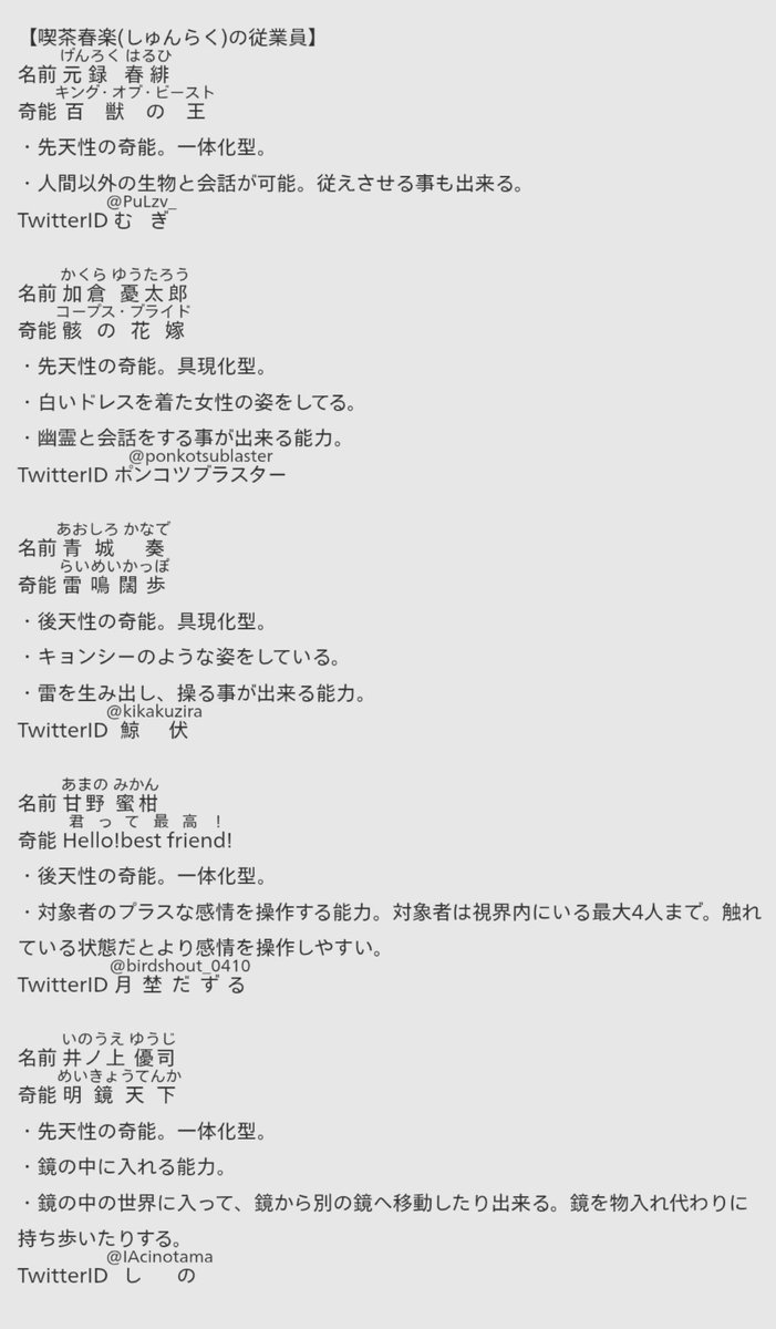 PuLzv_'s tweet photo. #怪奇麒譚
RPしてくれた相互さんをモチーフに作ったキャラの簡単な設定まとめです‼️
名前と寄能と相互さんのIDなどをまとめたものです‼️これ見て参加したいなって相互さんがいらっしゃいましたら募集ツイをRPして下さると嬉しいです🙏✨ https://t.co/w0Rcskw7lq