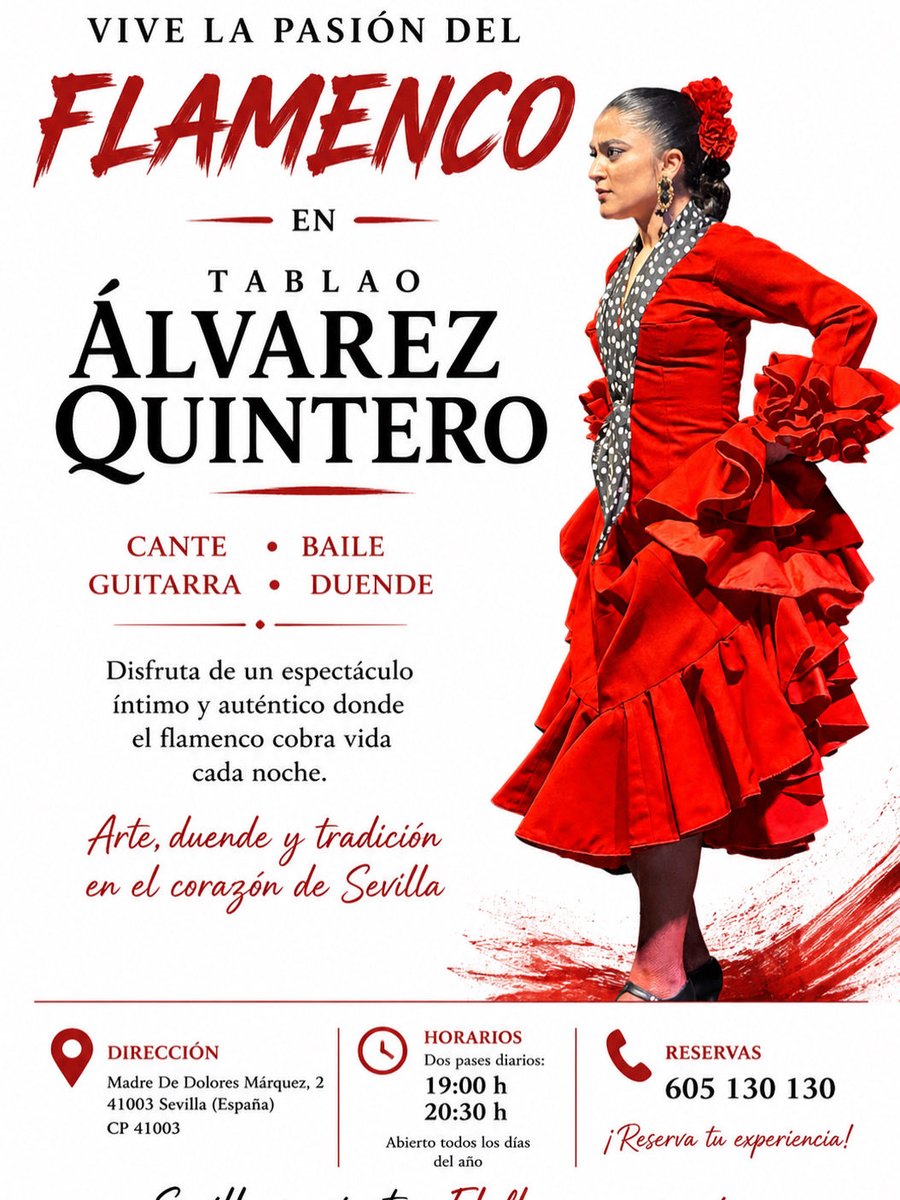 TablaoAlvarez's tweet photo. 💃 Vive el flamenco más auténtico en Tablao Álvarez Quintero 🔥

Cante, guitarra y baile en directo en pleno corazón de Sevilla.
Una experiencia única que sentirás muy de cerca ❤️
https://t.co/gQpBVwJkQj https://t.co/ma6jmbw96M