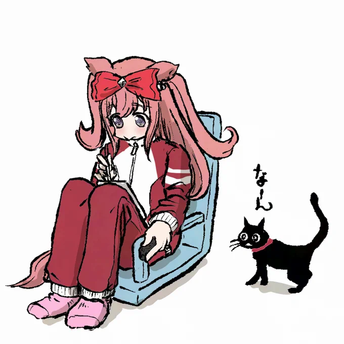 ぼくは座椅子に座って膝の上にiPad置いて、左手デバイス持ちながらお絵描きしてるのですけど、2時間に一回くらいねこが膝の上を占領しに来るので、都度作業が止まりますの(おっさん描いてもなんなので、身代わりにデジたん)