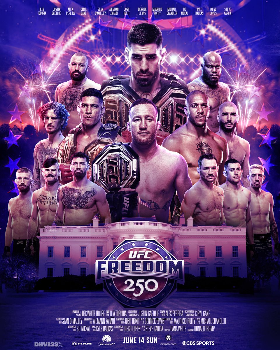 DHV123x's tweet photo. UFC WHITE HOUSE CARD POSTER BY ME 🇺🇸 

ILIA TOPURIA VS JUSTIN GAETHJE / ALEX PEREIRA VS CIRYL GANE 💥

FINAL PREDICTIONS FOR THE CARD? 

#UFC #UFCWhiteHouse #MMA https://t.co/ACanj9EvZs