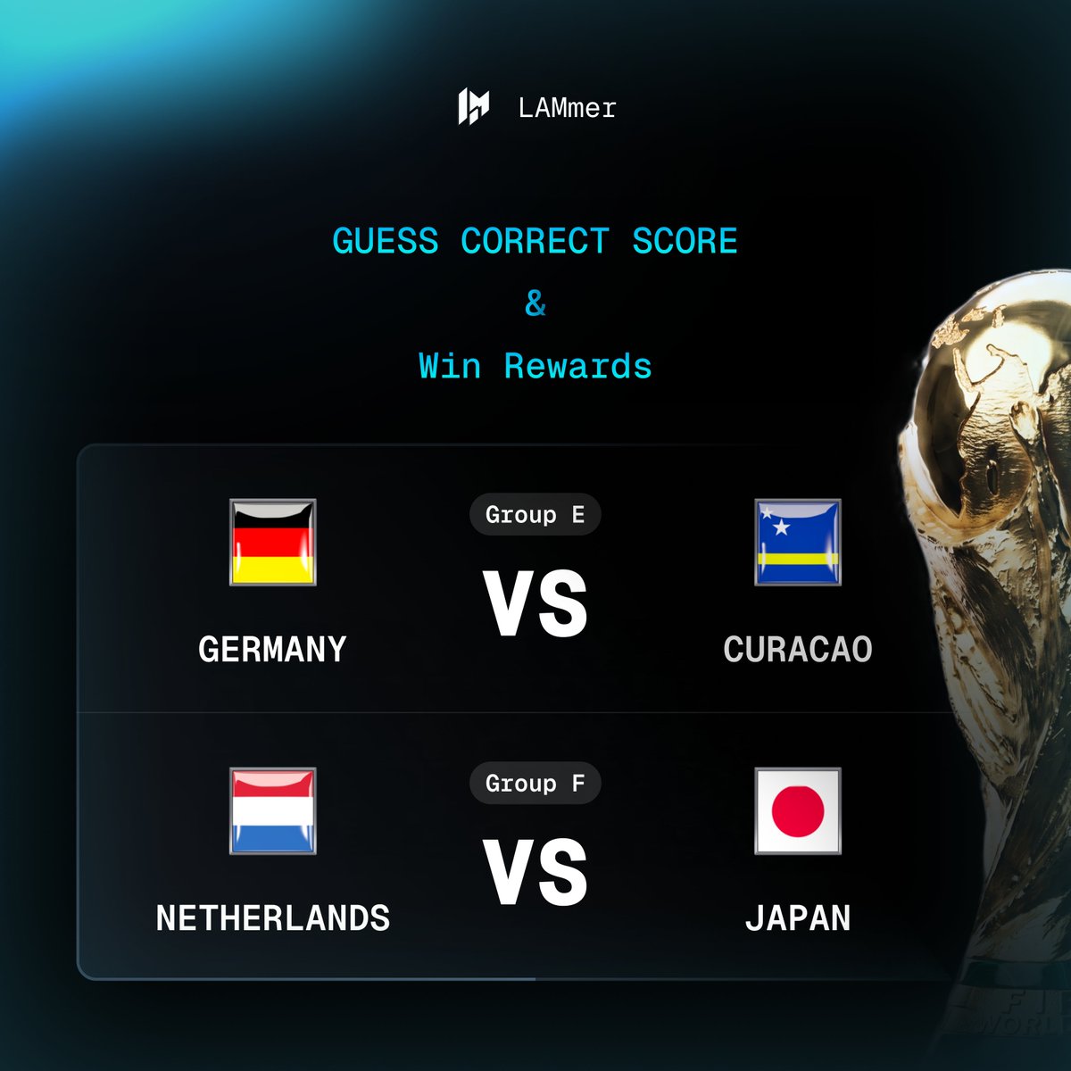 lammerinf's tweet photo. Two matches
Two chances to prove you know the game

Predict the exact score of either match for a chance to win an exclusive LAMmer World Cup NFT collection worth $3,000

Legends are made on the pitch

Collectors are made off it

NFTs that work https://t.co/jE9S0zNy64