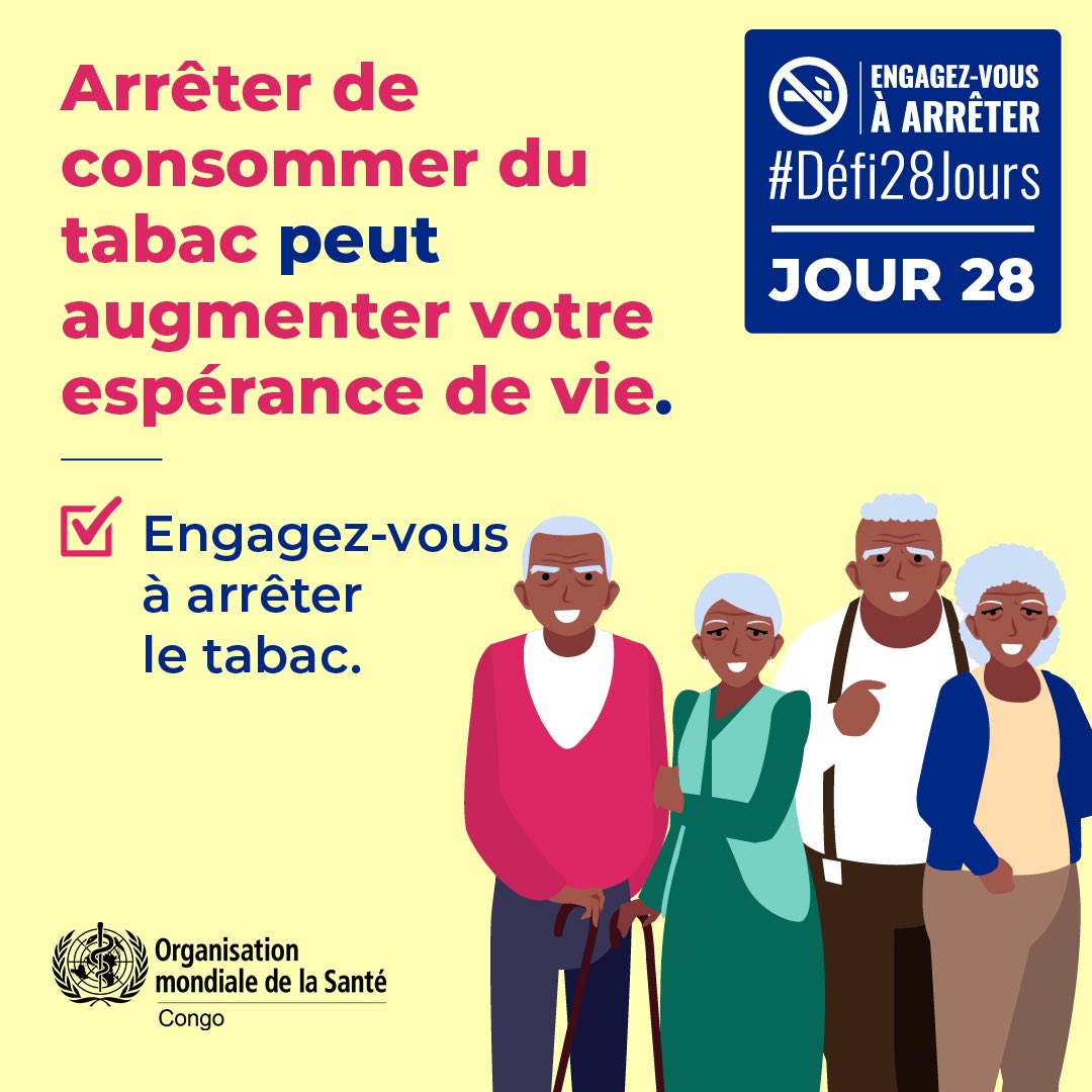 OMSCongo's tweet photo. 🚭 Chaque jour sans #tabac est un pas vers une vie plus longue et en meilleure santé. Aujourd’hui, choisissez votre avenir : arrêtez de fumer et gagnez des années de vie. 💙
#Défi28Jours #Jour28 #OMSCongo https://t.co/Z5Wwv4NwfM