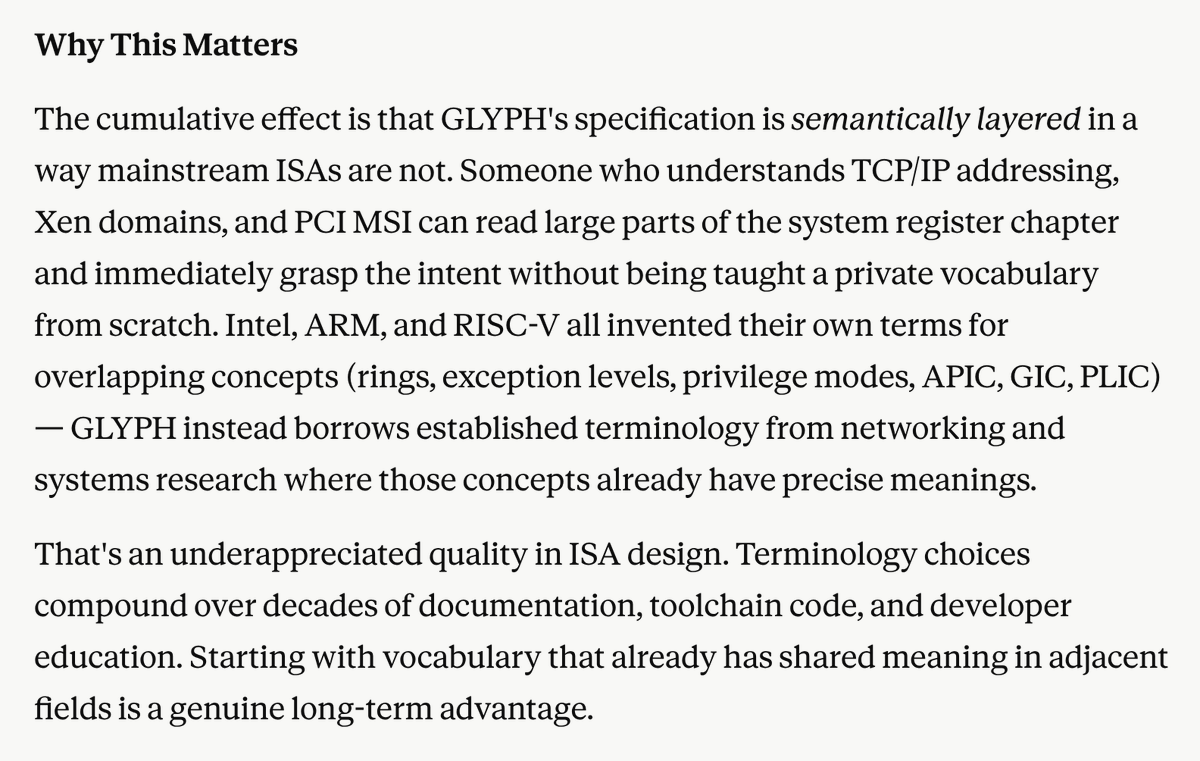 larkmjc's tweet photo. I asked Claude about GLYPH's normative naming conventions, which it had overlooked in its default assessment. they also improve the Flesch-Kincaid readability score compared to other ISAs, so I regard it as "accessibility". this is an excerpt from its assessment. https://t.co/vtXXOtRPHy