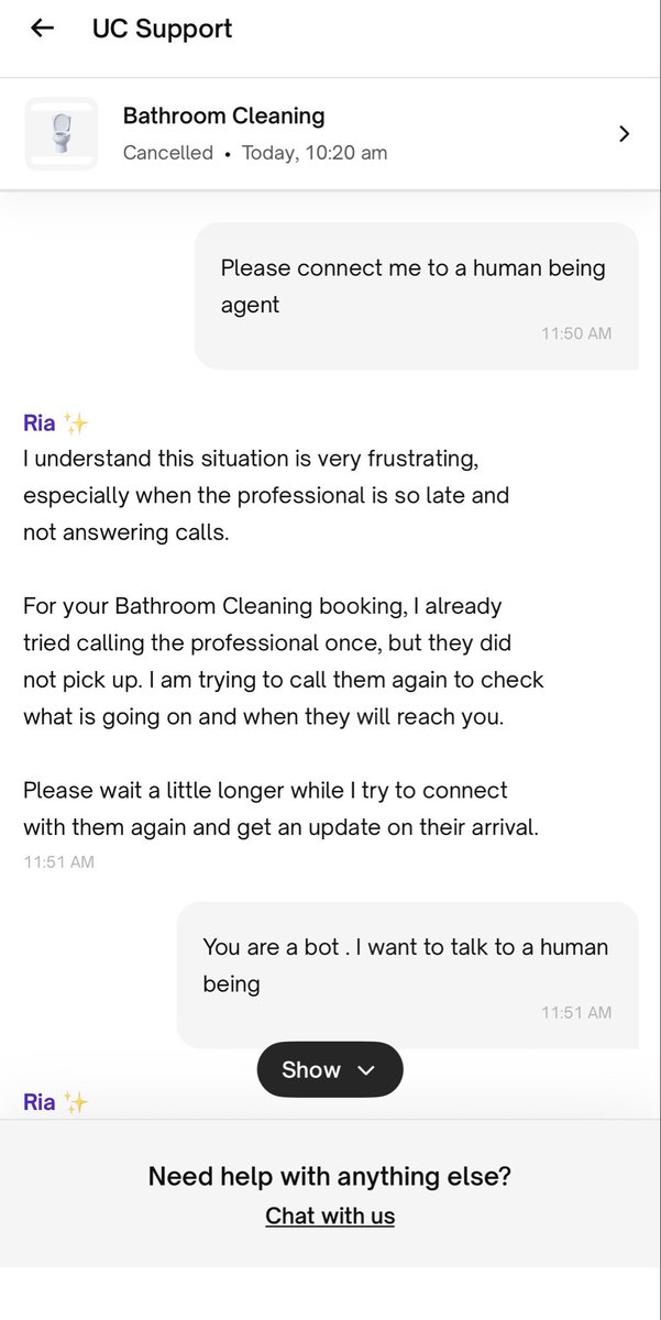 amit_maheep's tweet photo. @urbancompany_UC Why you guys have deployed BOT who do not even understand the issue and keep repeating same stuff . Very unprofessional and frustrating experience ! https://t.co/W5sGPI4L1m