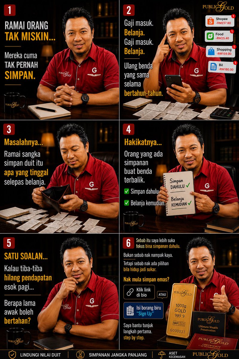g_riesboohimis's tweet photo. Ramai orang ingat masalah kewangan berlaku sebab gaji tak cukup.

Hakikatnya, ramai yang bergaji baik tetapi masih tiada simpanan.

Sebab setiap kali gaji masuk, duit terus habis untuk komitmen dan kehendak.

Orang yang berjaya membina simpanan biasanya buat perkara yang berbeza:

✅ Simpan dahulu
✅ Belanja kemudian

Bukan untuk nampak kaya, tetapi untuk ada pilihan ketika kecemasan.

Sebab itu saya memilih emas sebagai salah satu simpanan jangka panjang.

Rujuk pinned post atau klik link di bio.

Caran bermula : https://t.co/eCOeEXbqsC
