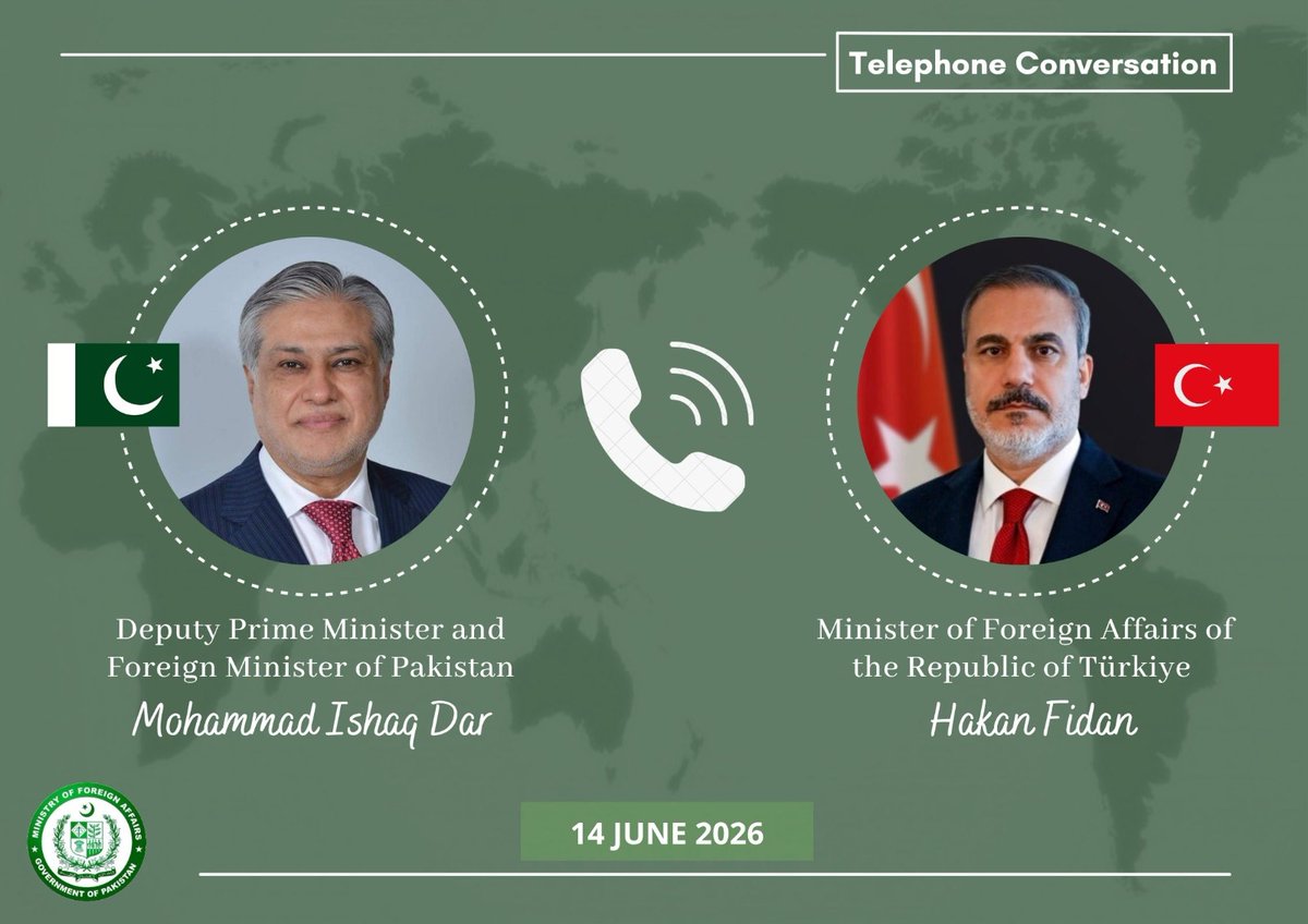 ForeignOfficePk's tweet photo. Deputy Prime Minister / Foreign Minister Senator Muhammad Ishaq Dar @MIshaqDar50 held a telephone conversation last night with the Foreign Minister of the Republic of Türkiye, Hakan Fidan @HakanFidan. 

The two leaders exchanged views on the evolving regional situation and welcomed the encouraging progress towards an understanding between the United States and Iran. 

They expressed hope that these positive developments would pave the way for lasting peace and stability in the region. 

Both agreed to remain in close contact on further developments.