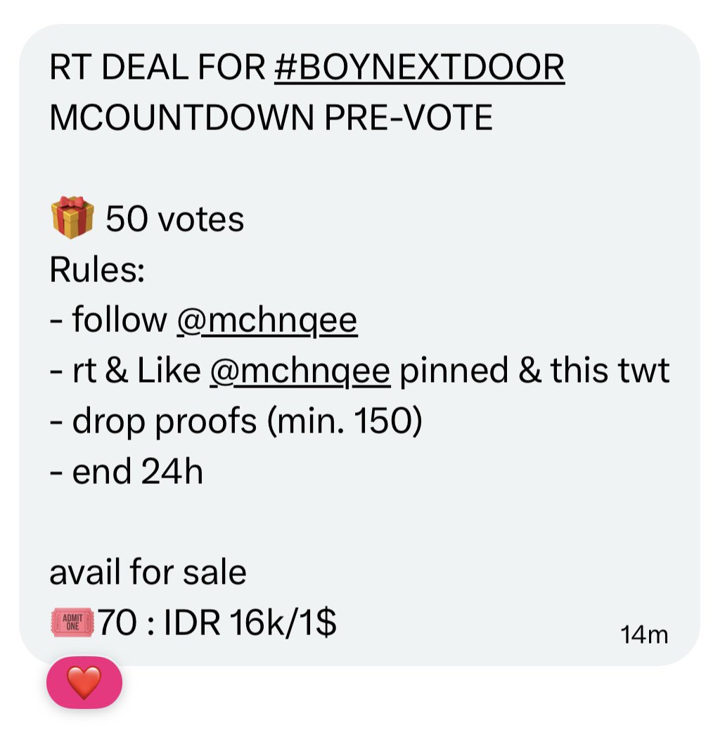 jaezlog's tweet photo. RT DEAL FOR #BOYNEXTDOOR 
MCOUNTDOWN PRE-VOTE

🎁 50 votes
Rules:
- follow @mchnqee 
- rt &amp; Like @mchnqee pinned &amp; this twt
- drop proofs (min. 150)
- end 24h

avail for sale
🎟70 : IDR 16k/1$ https://t.co/L7uWiOzoor