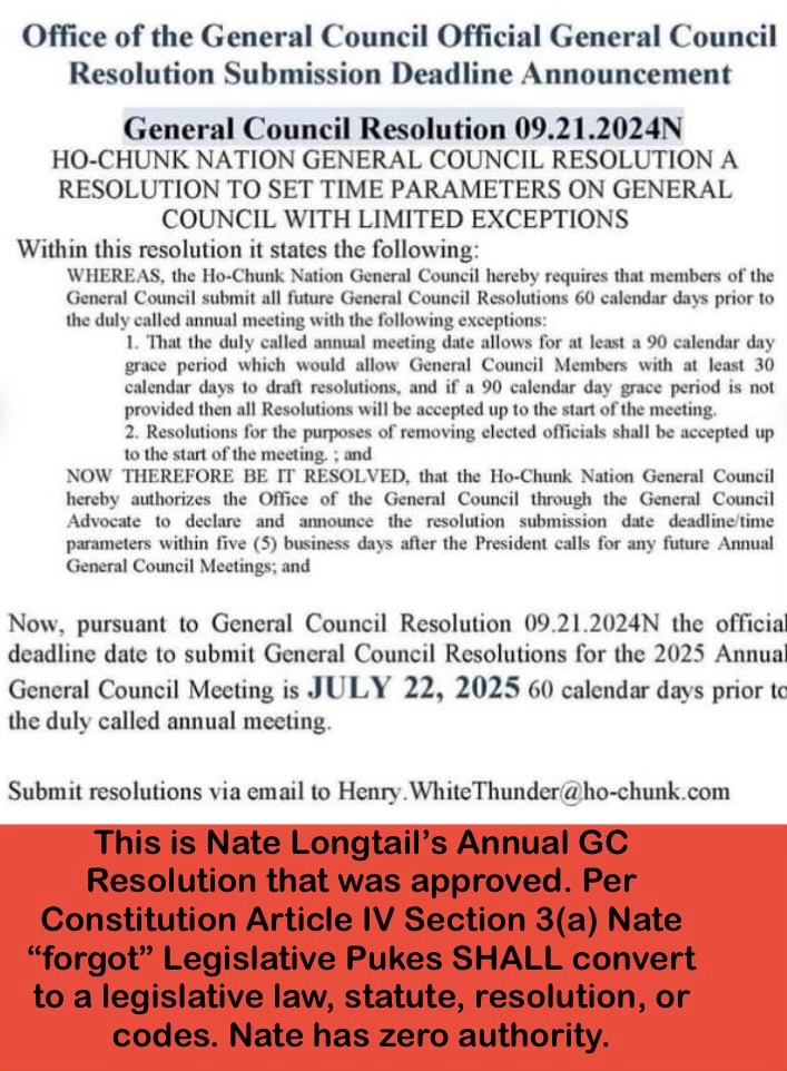 WinaShick's tweet photo. Below is #Longtail’s approved Annual GC Resolution. 
As the ILLEGAL #DeputyAdvocate of #HoChunk’s #OGC he knows all approved #Hocak Annual GC Resolutions SHALL be converted by the #LegislativePukes. @HoChunkNationPR @WhiteEagleM @tdecorah8791 https://t.co/aYqJDoe3aZ